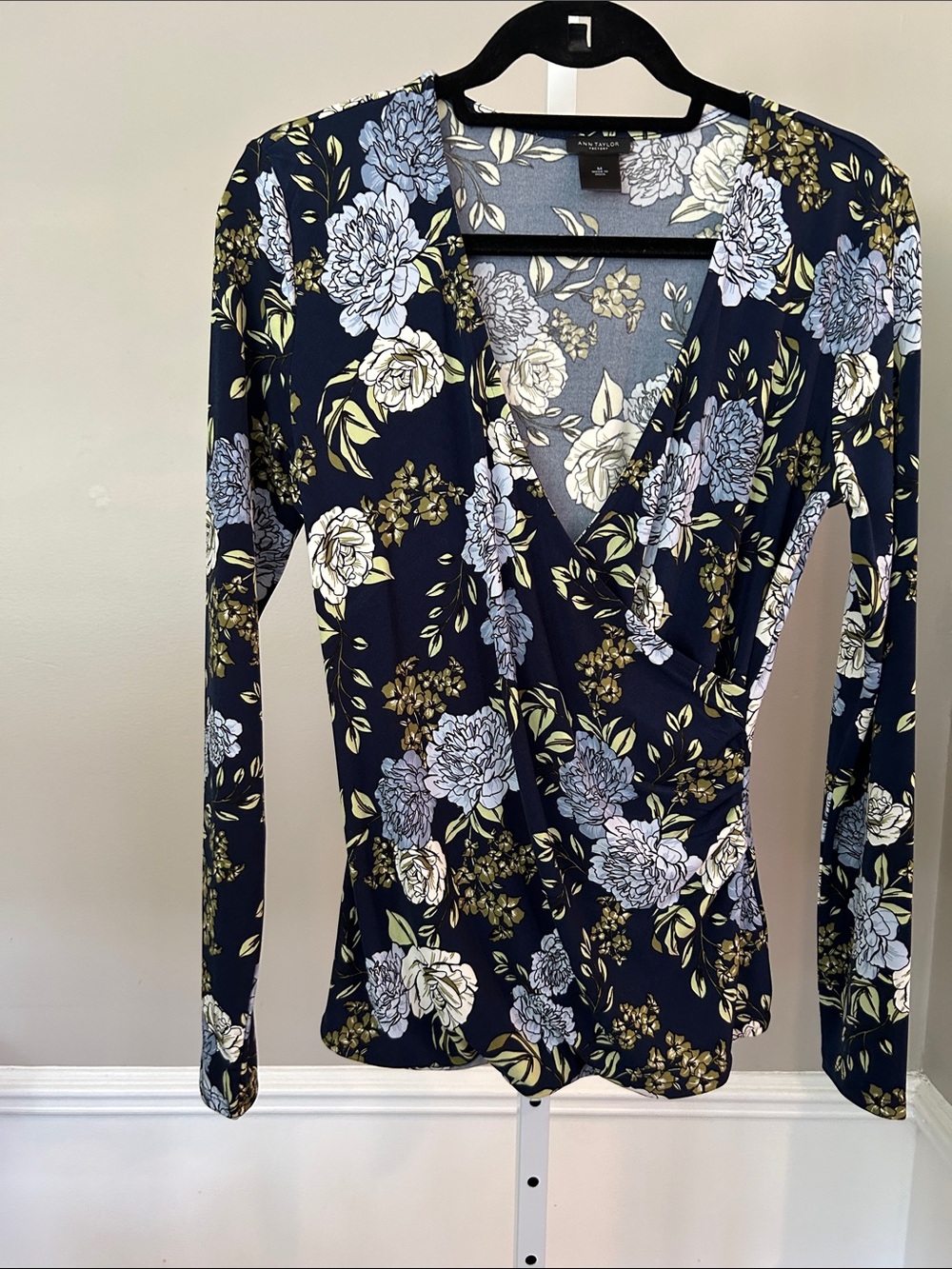 Floral Wrap-Front Long Sleeve Top - Navy